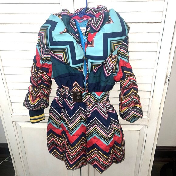 Mim Pi stretch puffer belted coat girls size 4 chevron - Picture 4 of 13